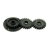 The Louët Set of three small gear wheels by Louët Inc. features black, interlocking gear wheels with distinct, evenly spaced teeth. Arranged horizontally on a flat surface, the largest gear is positioned on the left with two smaller gears to its right. This set is perfect as a replacement for your Louët Drum Carder.