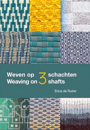 The book cover showcases an array of close-up images displaying traditional weavings in vibrant colors. At the center, the title "Weaving on 3 Shafts" by Erica de Ruiter is prominently featured. The top portion exhibits various weaving textures, while the bottom segment presents more intricate loom-controlled weaves. This publication is brought to you by Louet Inc.