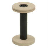 A Louët Standard Bobbin by Louët Inc., featuring an empty wooden spool with a cylindrical black core and circular wooden bases on both ends. The design is simple, showcasing a natural wood color and a slightly textured surface.