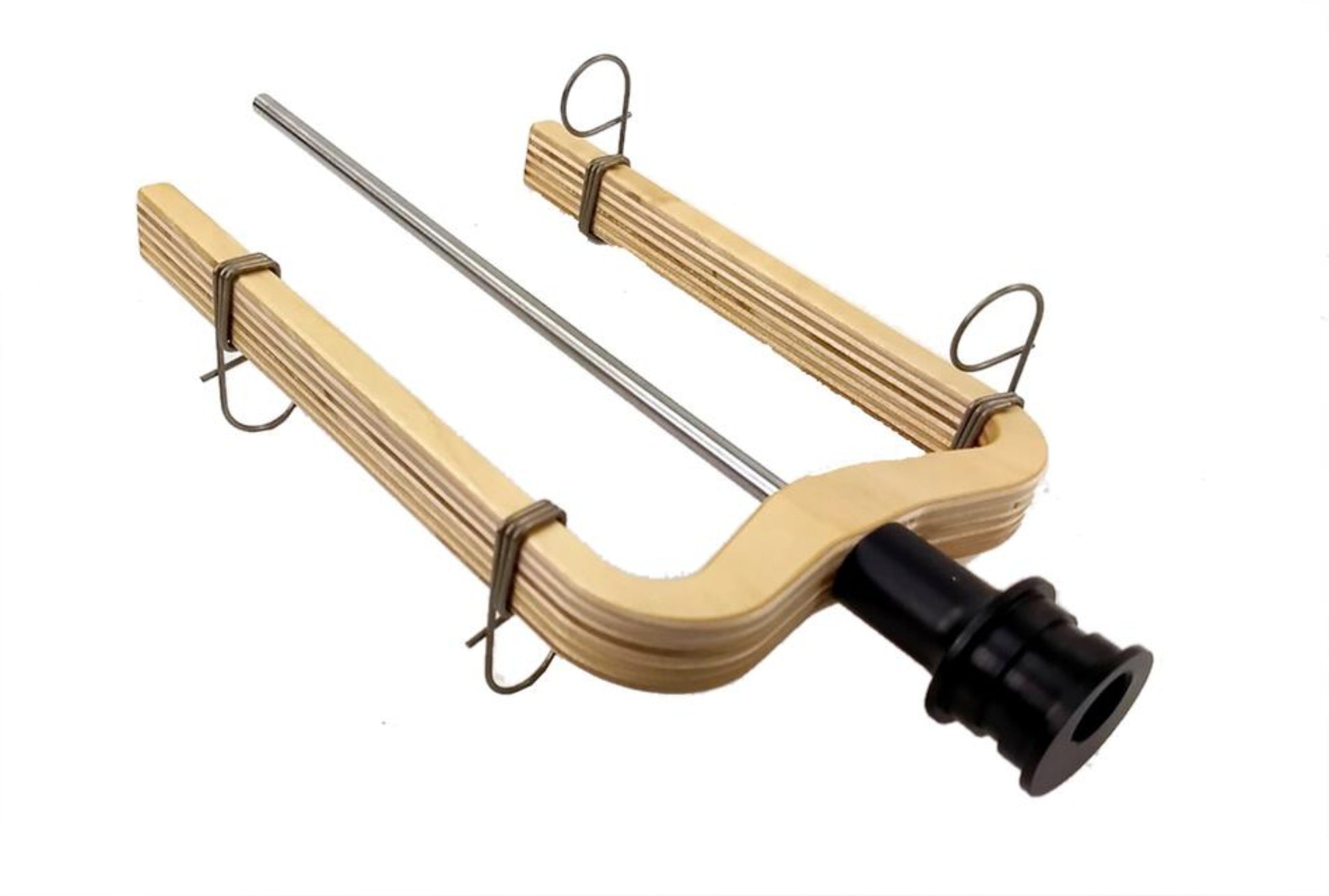 The Louët Flyer S17 - Sliding Guides, Unfinished by Louët Inc. features a long metal rod and two curved wooden arms secured by metal clips, with a handle on one end to enable easy threading of yarn through its loops for weaving.