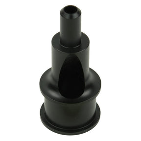 The Louët Irish Tension orifice by Louët Inc. is a black cylindrical adapter with a narrow upper section and wider base, designed for connecting different sizes of tubing or fittings. The sleek, smooth surface features varying diameters and a central passage throughout its length.