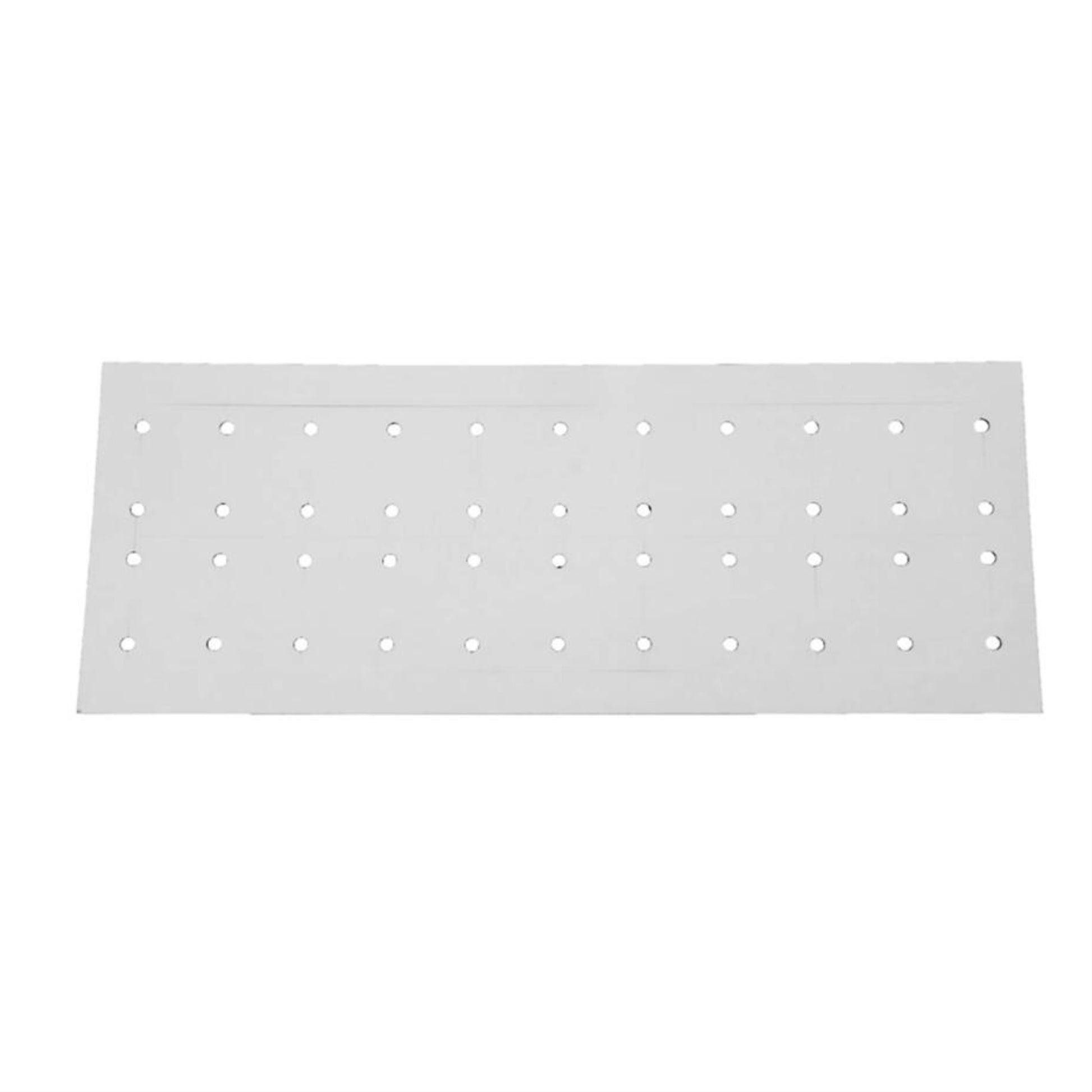 Product: Louët Sectional Warp Cards from Louët Inc. This rectangular white perforated sheet, with its evenly spaced round holes arranged in a grid pattern, resembles a cardboard divider card. The sheet is displayed against a plain white background and measures 2 cm for each of the 100 card sections.