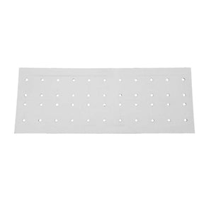 Product: Louët Sectional Warp Cards from Louët Inc. This rectangular white perforated sheet, with its evenly spaced round holes arranged in a grid pattern, resembles a cardboard divider card. The sheet is displayed against a plain white background and measures 2 cm for each of the 100 card sections.