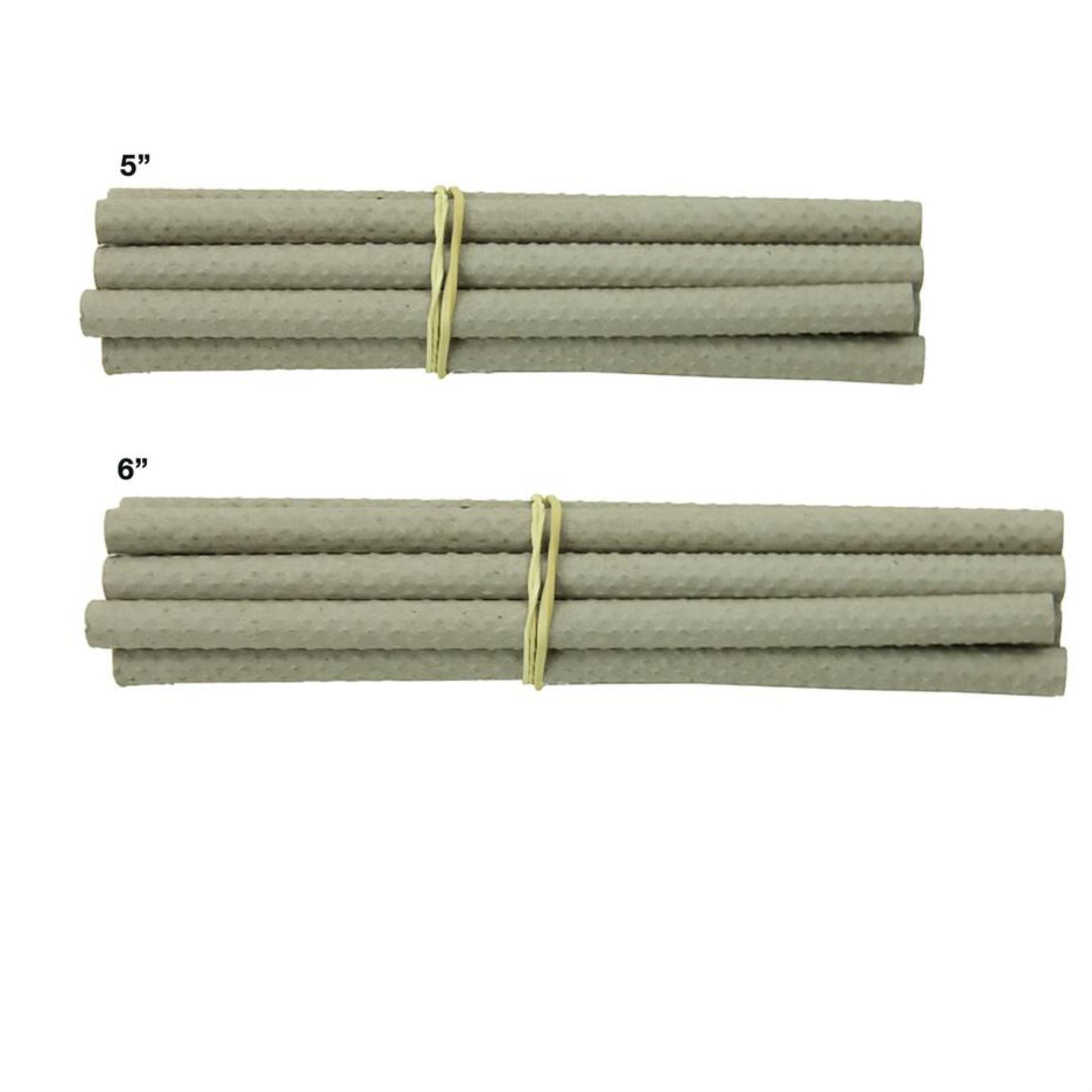 Two bundles of gray, textured rods held together by rubber bands. The first bundle, labeled "5," contains five rods, and the second bundle, labeled "6," contains six slightly longer rods. Reminiscent of Louët Paper Quills (10/pack) from Louët Inc., these bundles sit against a plain white background.