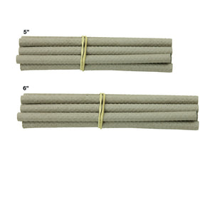 Two bundles of textured gray rods are shown. The top bundle consists of six rods labeled "5" bound by a rubber band. The bottom bundle, labeled "6", contains six longer rods, also bound by a rubber band, reminiscent of Louët Inc.'s Paper quills in their neat arrangement (10/pack).