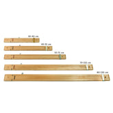 Five Louët Fine Tooth Wood Temples, produced by Louët Inc., are arranged in ascending order of length: 30-40 cm, 40-55 cm, 55-75 cm, 70-110 cm, and 80-130 cm. Each wooden adjustable stretcher bar is equipped with metal hardware for precise adjustments.