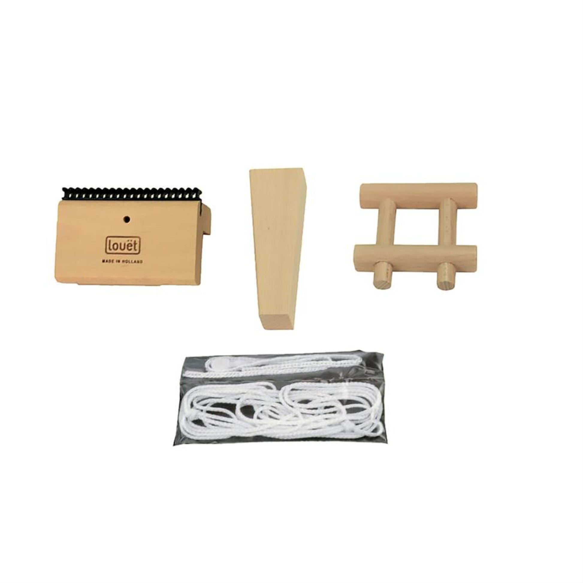 Image of the Louët Aid for Sectional Warping kit from Louët Inc., featuring a Louët comb, a wooden wedge, a wooden piece with cylindrical rods, and a plastic bag containing white string. All items are arranged neatly on a plain, white background. This kit includes essentials for ensuring optimal warp tension regulation during sectional warping.