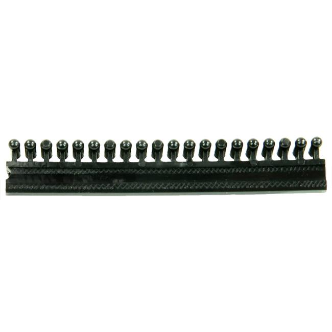 A black strip measuring 10 cm (4 inches) with 16 small, uniformly spaced pins protruding from the top side, each topped with a small spherical tip. Resembling the Louët Raddle Replacement Sections from Louët Inc., the strip appears to be a component of an electronic connector or header. The background is plain and white.