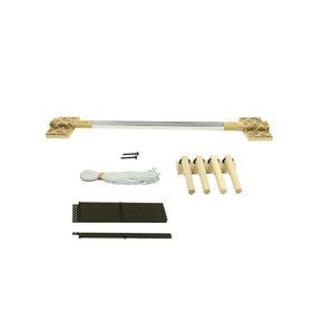 The Louët Kombo Table Loom - 4 Shaft Extension Kit by Louët Inc. includes a wooden crossbow frame with carved details, a metal rod, nylon string, four wooden pegs, two screws, 8 shafts of black plastic links, and a small dark green tool. The components are laid out on a plain white background.