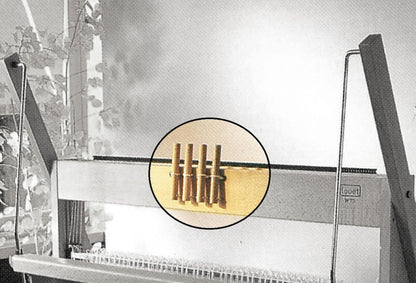 A Louet Inc. table loom with a magnified view highlights a set of four wooden pegs or knitting tools indoors near a window with visible potted plants in the background. The magnified view draws attention to specific components, including the Louët Table Loom Toggle Handle replacement part.