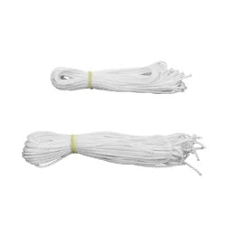 Two bundles of Louët Kombo Shaft cords, perfect in size for various projects, are neatly coiled and secured with yellow bands. Both bundles are placed side by side, slightly overlapping with the top bundle positioned higher than the lower one. Ideal to replace cords or use Texsolv for your specific needs. The background is plain white.