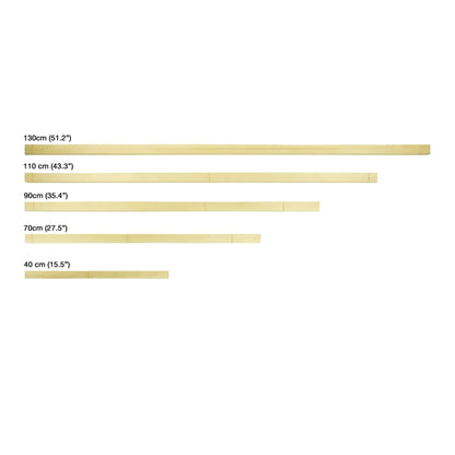 Introducing the Louët Wooden Warp Sticks from Louët Inc., available in a set of 16. These light tan sticks come in varying lengths, clearly labeled from top to bottom as follows: 130 cm (51.2"), 110 cm (43.3"), 90 cm (35.4"), 70 cm (27.5"), and 40 cm (15.5"). Displayed against a clean white background, these warp sticks are perfect for your crafting needs.