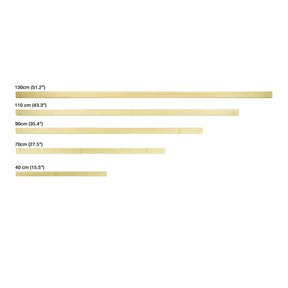 A pack of sixteen Louët Wooden Warp Sticks from Louët Inc., arranged horizontally in descending order of length, with measurements indicated for each stick: 130cm (51.2"), 110cm (43.3"), 90cm (35.4"), 70cm (27.5"), and 40cm (15.5"). The sticks are beige.
