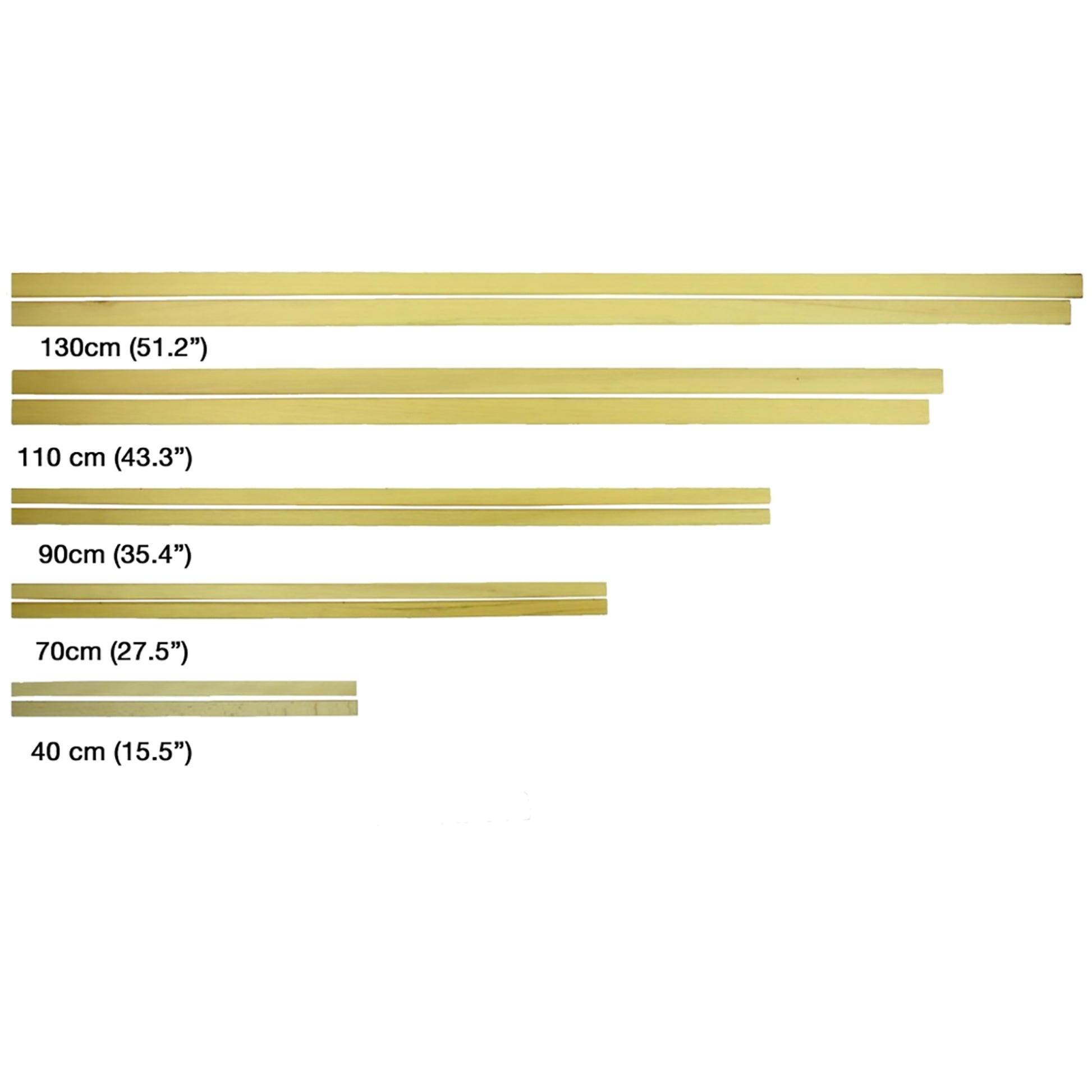 A white background features six Louët Tie-up Sticks (pair) from Louët Inc., varying in lengths labeled with their measurements: 130 cm (51.2"), 110 cm (43.3"), 90 cm (35.4"), 70 cm (27.5"), and 40 cm (15.5"). The sticks are arranged in descending order of length from top to bottom.
