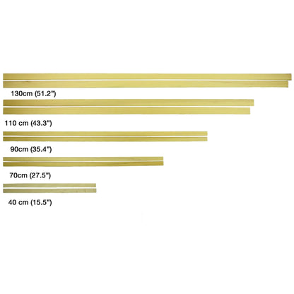 A white background features six Louët Tie-up Sticks (pair) from Louët Inc., varying in lengths labeled with their measurements: 130 cm (51.2"), 110 cm (43.3"), 90 cm (35.4"), 70 cm (27.5"), and 40 cm (15.5"). The sticks are arranged in descending order of length from top to bottom.
