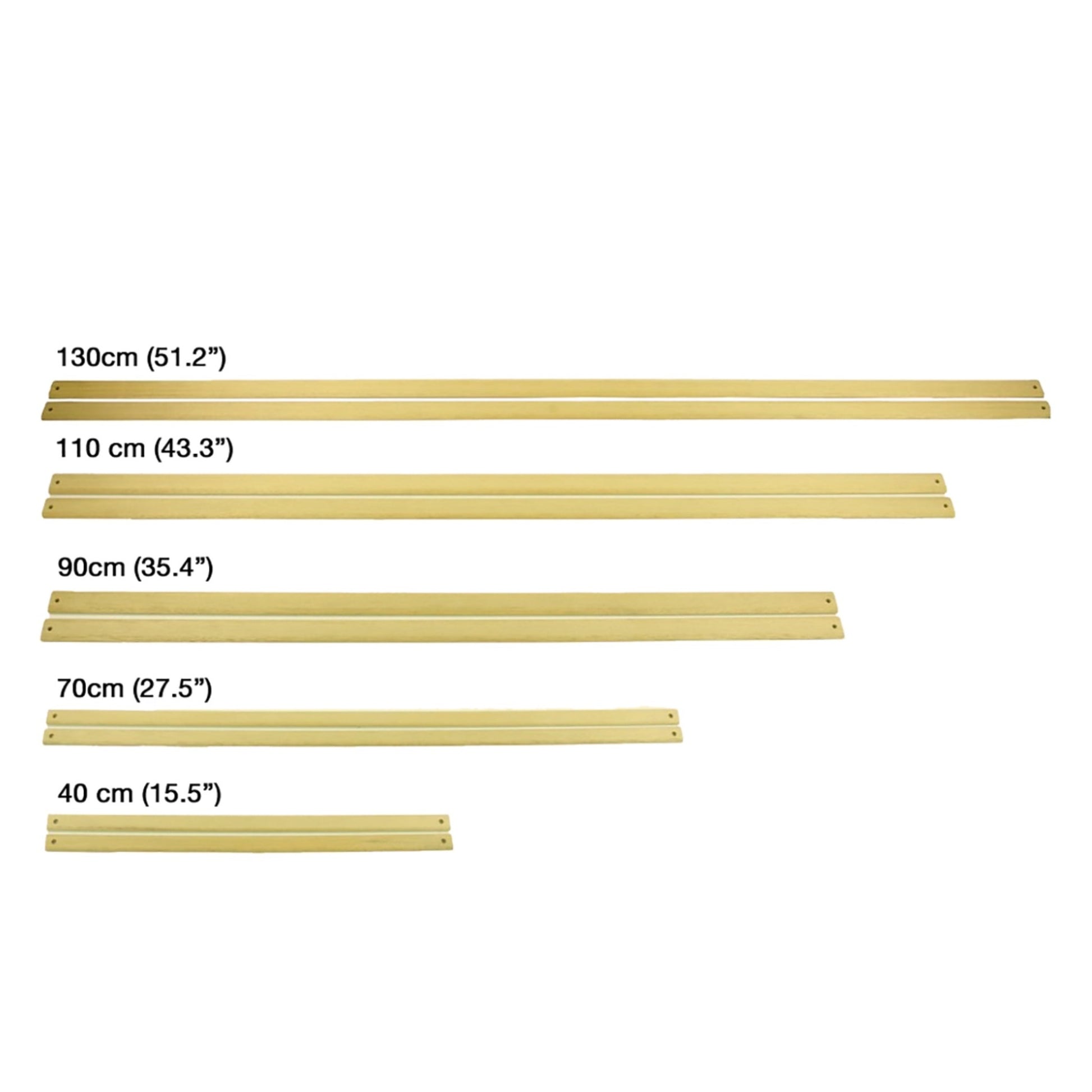 Image of five gold-colored metal miter rails of varying lengths laid out horizontally. From top to bottom, the lengths are labeled: 130 cm (51.2 inches), 110 cm (43.3 inches), 90 cm (35.4 inches), 70 cm (27.5 inches), and 40 cm (15.5 inches). Ideal for use with Louët Lease Sticks from Louët Inc.