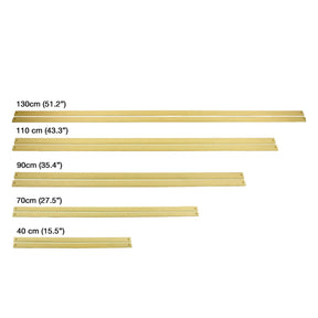 Image of five gold-colored metal miter rails of varying lengths laid out horizontally. From top to bottom, the lengths are labeled: 130 cm (51.2 inches), 110 cm (43.3 inches), 90 cm (35.4 inches), 70 cm (27.5 inches), and 40 cm (15.5 inches). Ideal for use with Louët Lease Sticks from Louët Inc.