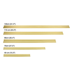 Image displaying five horizontal, gold-colored metal lease sticks of varying lengths from Louët Inc., each marked with a corresponding measurement in both centimeters and inches. Ideal for use with wooden lease sticks or a Louët loom, the lengths are as follows: 130 cm (51.2"), 110 cm (43.3"), 90 cm (35.4"), 70 cm (27.5"), and 40 cm (15.7").