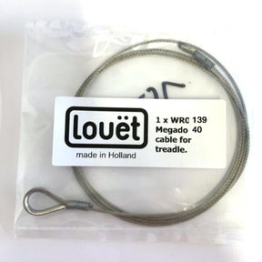 A coiled metal cable with looped ends is packaged in a clear plastic bag. A white label on the bag reads "Louët Inc. made in Holland," and "1 x Louët Megado Treadle Cable, replacement treadle cable for Louet Megado looms.