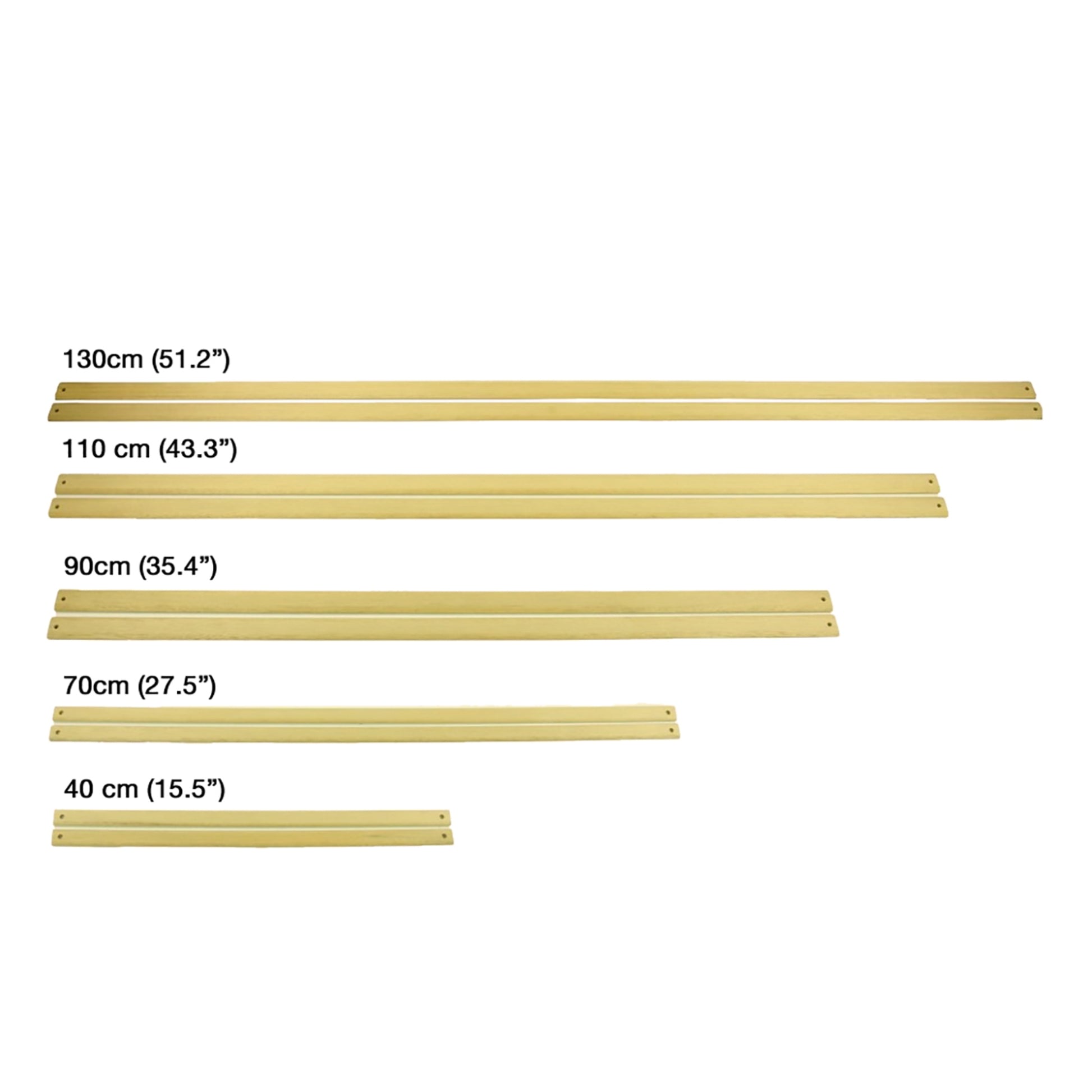 The set includes five brass ruler strips of varying lengths, each with measured dimensions labeled: 130 cm (51.2"), 110 cm (43.3"), 90 cm (35.4"), 70 cm (27.5"), and 40 cm (15.5"). Ideal for use with a Louët loom or Louët Lease Sticks from Louët Inc., each strip features multiple holes at the ends to accommodate various warping needs.
