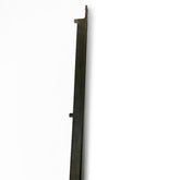 A Louët Kombo Replacement Harness End (shaft side) by Louët Inc., featuring a vertical metallic design with two small protruding hooks on its side, set against a plain white background. The dark-colored bracket bears resemblance to a harness end piece and seems to be part of a larger mechanical or structural assembly.