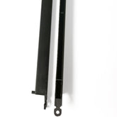 Close-up of two long, thin, black metal or plastic objects aligned vertically on a white background. One appears to have a small hook at the bottom, while the other has a round loop at the end—ideal as replacement shafts for missing or broken ones. These are branded as Louët Jane shaft sides from Louët Inc.