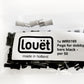 A clear plastic bag containing black pegs for a dobby loom is labeled "Louët Inc., made in Holland." The label also reads "1x Louët Pegs for Dobby Bars (set of 50)." Several pegs and two rod-shaped items are visible inside the bag.