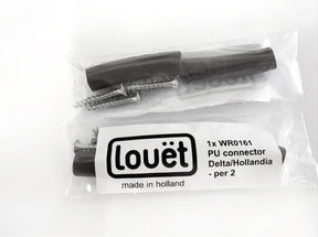 A package labeled "Louët Inc." containing two PU connectors and four screws. The text on the package reads "Louët Replacement PU Connector (2/pack, includes screws)," indicating that it is ideal for those needing replacement parts for Louet Looms. The packaging material is transparent plastic.