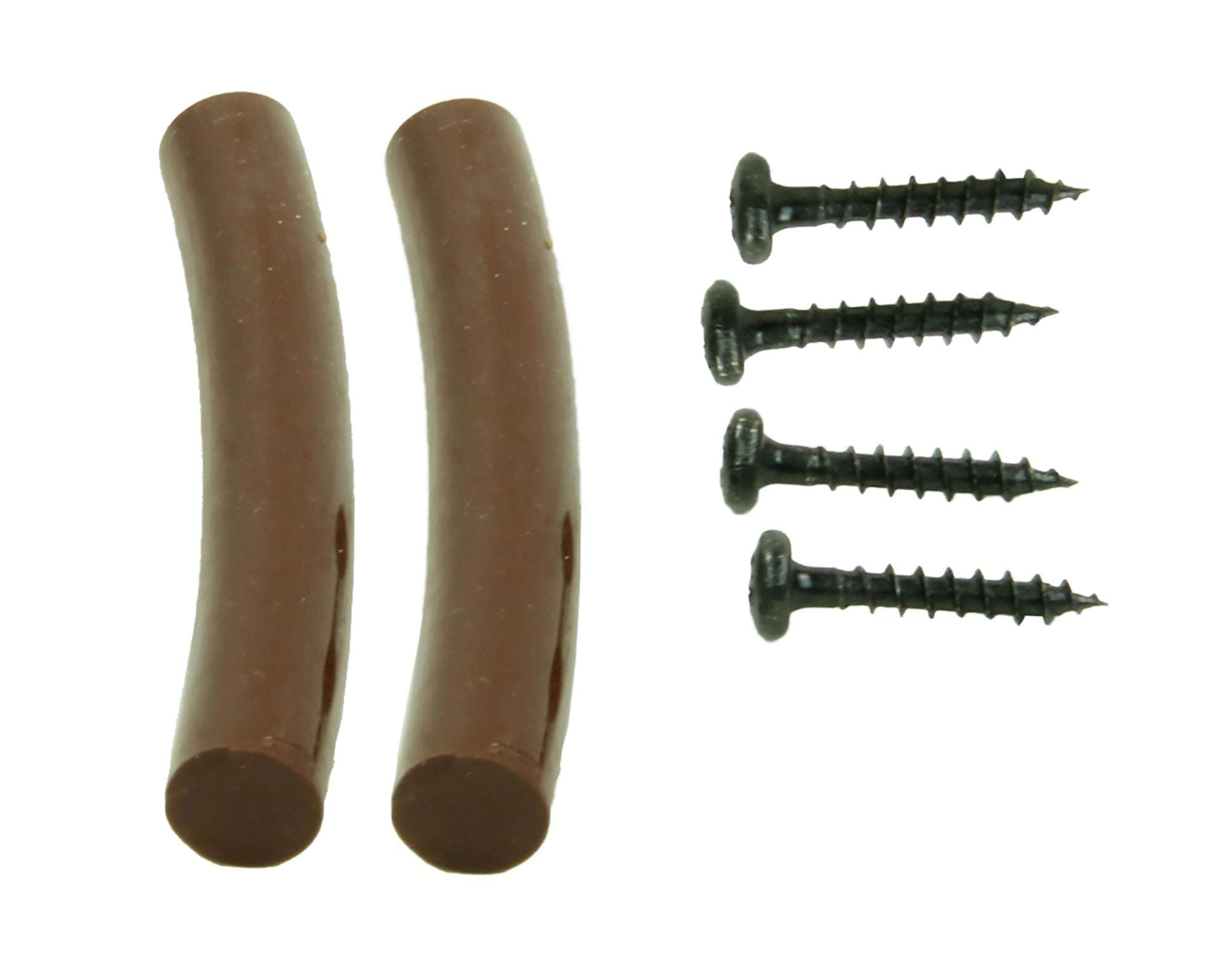 The image features two curved, brown plastic pieces, which are Louët Replacement PU Connectors from Louët Inc., along with four uniformly sized black screws. These components are likely intended for use in the assembly or installation of Louet Looms' Pick Up Connector. All items are neatly arranged against a plain white background.