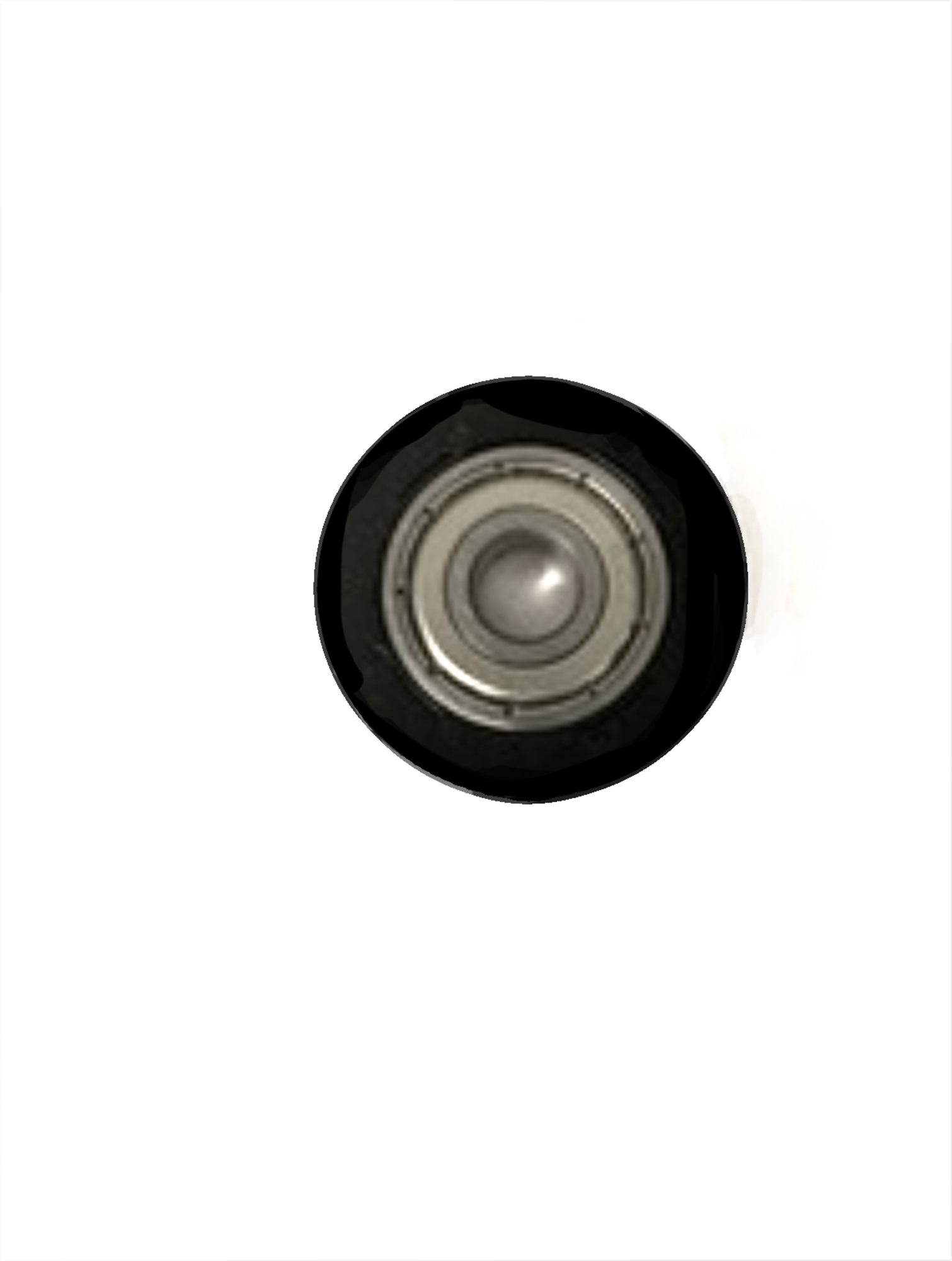 The Louët Roller with ball bearing standard by Louët Inc., a compact, round device in gray and black, is displayed against a stark white backdrop, reminiscent of the precision found in a ball bearing replacement. The detailed concentric circles of the roller and its central dome are clearly visible.