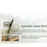 A package labeled "Louët David 2 beater repair kit" from Louët Inc., containing two metal disks, screws, and washers is displayed. The packaging shows an image of hands repairing a thatch or reed structure. Instructions are partially visible, ensuring you have the exact match needed for your repair needs.