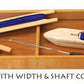 A hardwood tool tray, designed by Harrisville Designs for their 36" Harrisville 4 or 8 Shaft Loom, holds weaving tools including two shuttles wound with blue and green threads, along with several heddles also wrapped in green and blue threads. The text below reads: "Width & depth varies with width & shaft configuration of Harrisville Design looms.