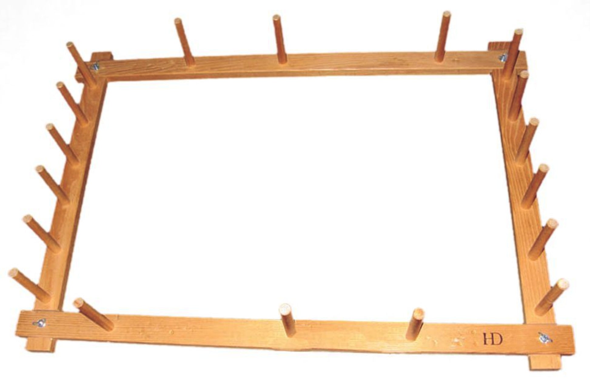 The Harrisville Designs 12 yd Warping Board, crafted from hardwood with a natural finish, features a rectangular wooden frame with vertical pegs evenly spaced along the sides. Ideal for holding items such as yarn for weaving, this warp board is displayed on a white background, showcasing its fine craftsmanship.