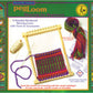 An image of the vibrant packaging for the "Harrisville Peg Loom with Accessories" kit by Harrisville Designs. The kit includes a hardwood peg loom, yarn in various colors, a weaving needle, warp string, and illustrated instructions. The loom showcases a partially completed weaving project that is ideal for kids learning to weave.