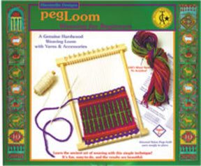 An image of the vibrant packaging for the "Harrisville Peg Loom with Accessories" kit by Harrisville Designs. The kit includes a hardwood peg loom, yarn in various colors, a weaving needle, warp string, and illustrated instructions. The loom showcases a partially completed weaving project that is ideal for kids learning to weave.