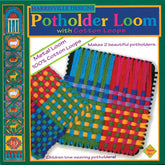 Image of a Friendly Loom Potholder Loom kit with cotton loops. The package showcases colorful woven potholders in blue, green, yellow, red, and purple. Text emphasizes a metal loom and the slogan, "Children love weaving potholders!" This enjoyable weaving kit is suitable for ages 6 and up.