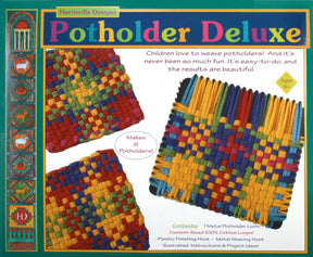 A Friendly Loom Potholder Looms kit box. The box showcases vibrant woven potholders and emphasizes that children find joy in using the weaving kit, with straightforward instructions provided. Designed for ages 6+, the kit includes cotton loops to create 6 potholders.