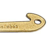 The Halcyon's Engraved Brass Hook for Threading and Sleying by Harrisville Designs is a small, brass-colored metal tool with a distinctive shape. One end is designed like a heddle hook, complete with a hole near the tip for hanging. The tool is flat and has text or numbers engraved on it. Its specific function isn't entirely clear just from looking at the image.