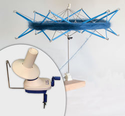 The Economy Yarn Winding Combo - Swift & Ball Winder Set by Halcyon Yarn features an umbrella-like yarn swift holding a skein of blue yarn. Below it, an inset image displays the accompanying ball winder, equipped with a spindle and crank handle for turning skeins into balls. These tools are essential for organizing and using yarn in knitting and other crafts.