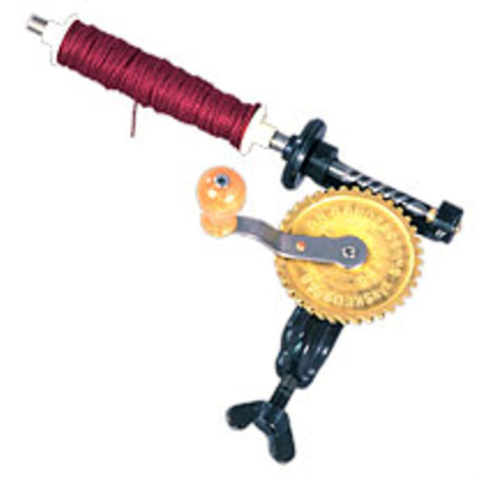 A Glimakra Swedish Spindle Single-Ended Hand Bobbin Winder features a golden gear and an orange winding handle, much like a traditional hand-crank fishing reel. This manual device mounts on a black bracket and includes a spool of red fishing line.