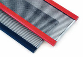 Close-up of two parallel metal combs with fine teeth, featuring red and blue handles, crafted from industrial quality stainless steel reeds by Gowdey. These Assorted Steel Reeds for Floor & Table Looms are displayed against a white background.