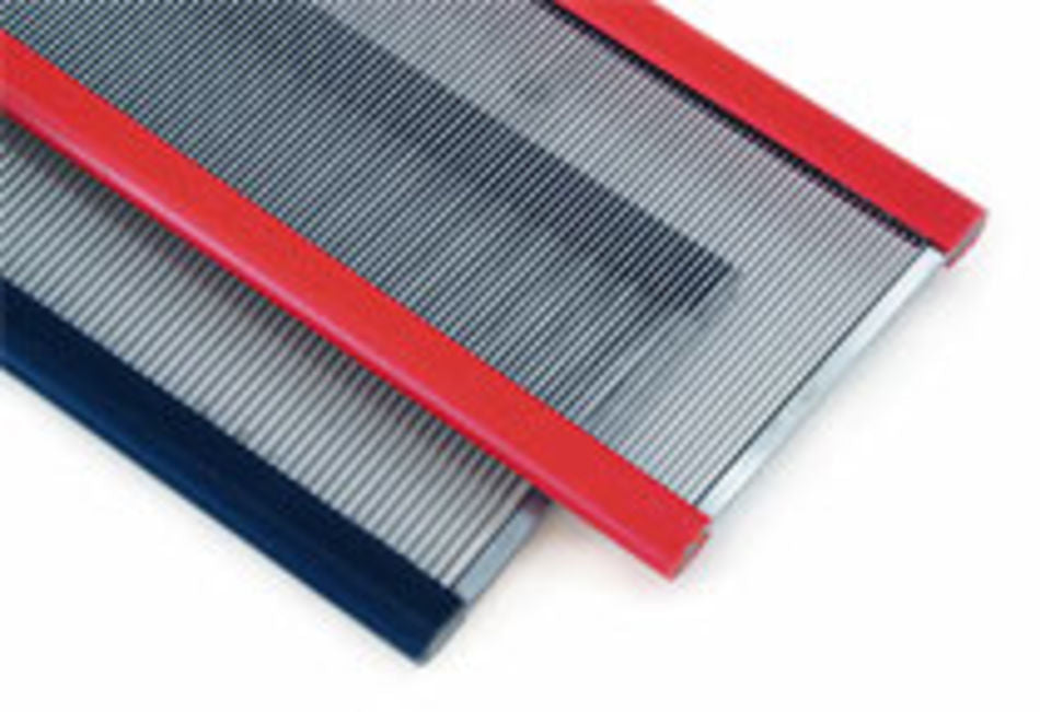 Two wire combs with red and blue handles are placed adjacent to each other. The items, resembling high-quality grooming tools, have fine metal teeth that could serve for detailing or pet care. The red-handled comb is slightly overlaid on the blue-handled one, showcasing their industrial quality reeds from Gowdey's Assorted Steel Reeds for Floor & Table Looms.