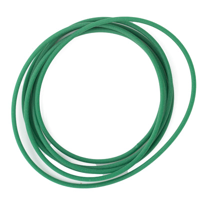 A coiled Majacraft Drive Band from Majacraft Co., resembling a green garden hose, rests in a circular arrangement on a white background.