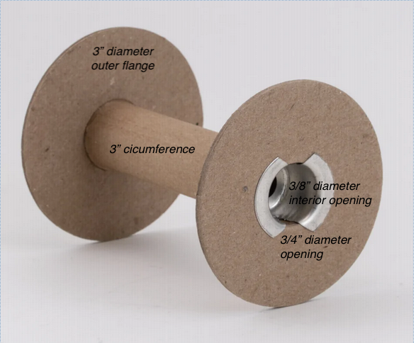 The Marshall Paper Tube Co's Cardboard Spools 4" feature sturdy construction with labeled dimensions: a 3" outer flange diameter, 3" circumference, a 3/8" interior opening diameter, and a 3/4" flat surface opening. These spools are perfect for weavers seeking efficient yarn management.