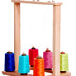 Introducing the Ashford Yarn Stand for 6 Spools - Lacquered by Ashford Handicrafts Limited: This exquisite wooden yarn stand holds six large spools of vibrant thread, including blue, red, pink, orange, green, and turquoise. The spools are arranged in two rows of three with threads seamlessly passing through yarn guides on the top bar to ensure tangle-free warping.