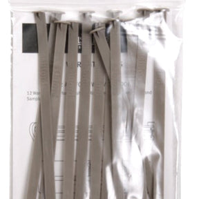 A clear plastic package containing multiple grey Ashford Warp Stick Ties for SampleIt, Knitters, and Rigid Heddle Looms (12/pack) by Ashford Handicrafts Limited. Behind the neatly arranged, new ties, a partially visible white piece of paper with text and symbols can be seen through the plastic.