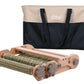 An Ashford Rigid Heddle Knitters Loom with partially woven green and white fabric. This loom, crafted by Ashford Handicrafts Limited, is made of light-colored wood and includes reels for the yarn. Behind the loom is a two-tone beige and black canvas carrying bag, complete with handles and a pocket. The package also includes a second heddle kit.