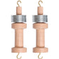 Two identical Ashford Warp Thread Weights from Ashford Handicrafts Limited, resembling classic weaving tools, positioned upright side by side on a white background. The light-colored polished wood contrasts beautifully with the shiny metal rings and hooks on both ends.