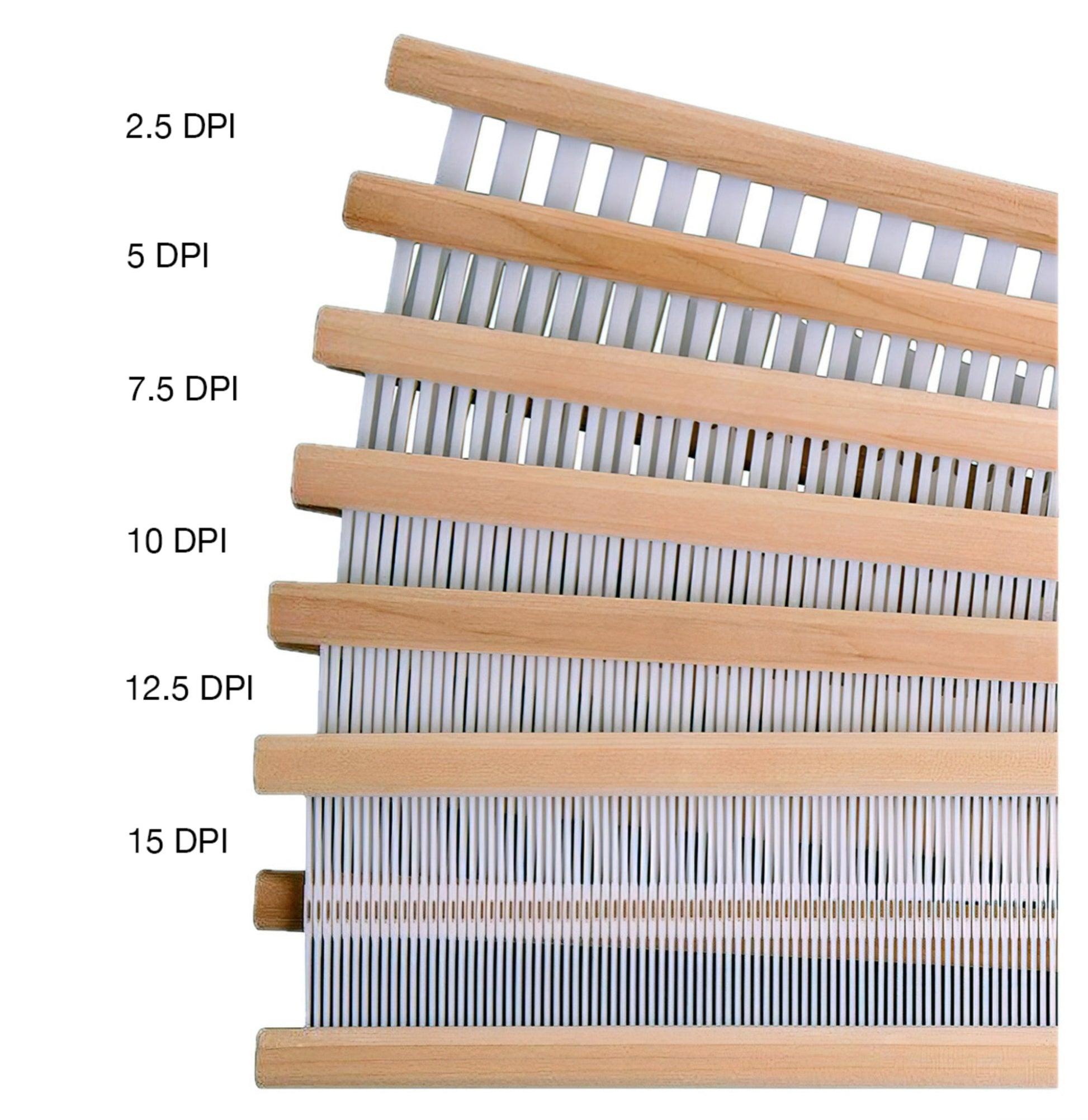 A display of Ashford Handicrafts Limited's Ashford Rigid Heddle Reeds, labeled in increasing density from top to bottom: 2.5 DPI, 5 DPI, 7.5 DPI, 10 DPI, 12.5 DPI, and 15 DPI. Each reed is designed for a rigid heddle loom and features a different number of slots per inch corresponding to the given DPI labels.