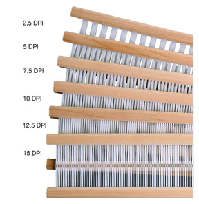 A display of Ashford Handicrafts Limited's Ashford Rigid Heddle Reeds, labeled in increasing density from top to bottom: 2.5 DPI, 5 DPI, 7.5 DPI, 10 DPI, 12.5 DPI, and 15 DPI. Each reed is designed for a rigid heddle loom and features a different number of slots per inch corresponding to the given DPI labels.